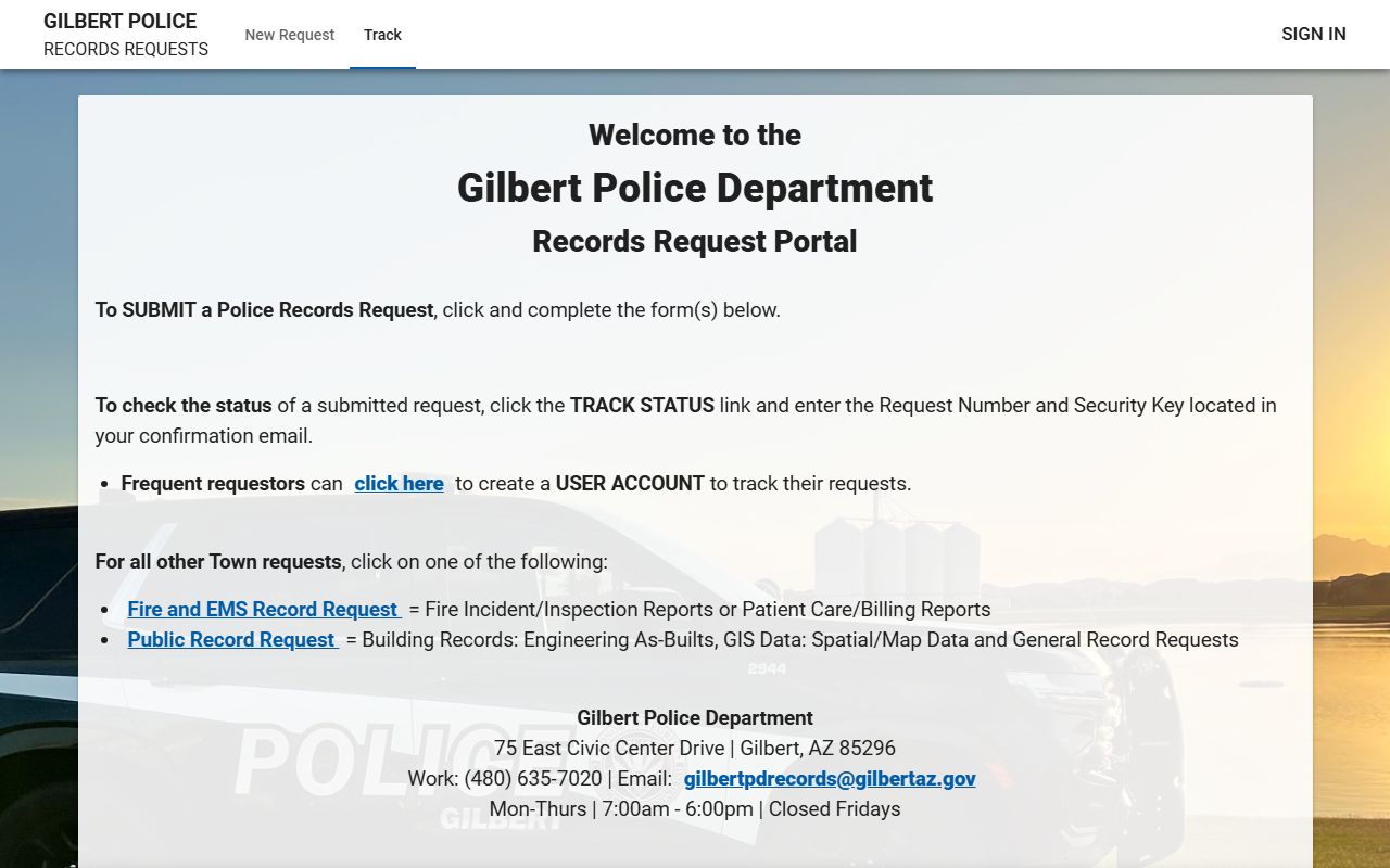 Gilbert Police JustFOIA portal for residents directory