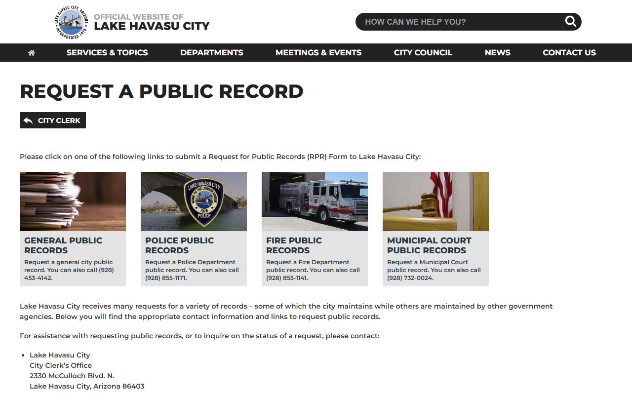 Lake Havasu City Clerk public records request portal for residents directory searches
