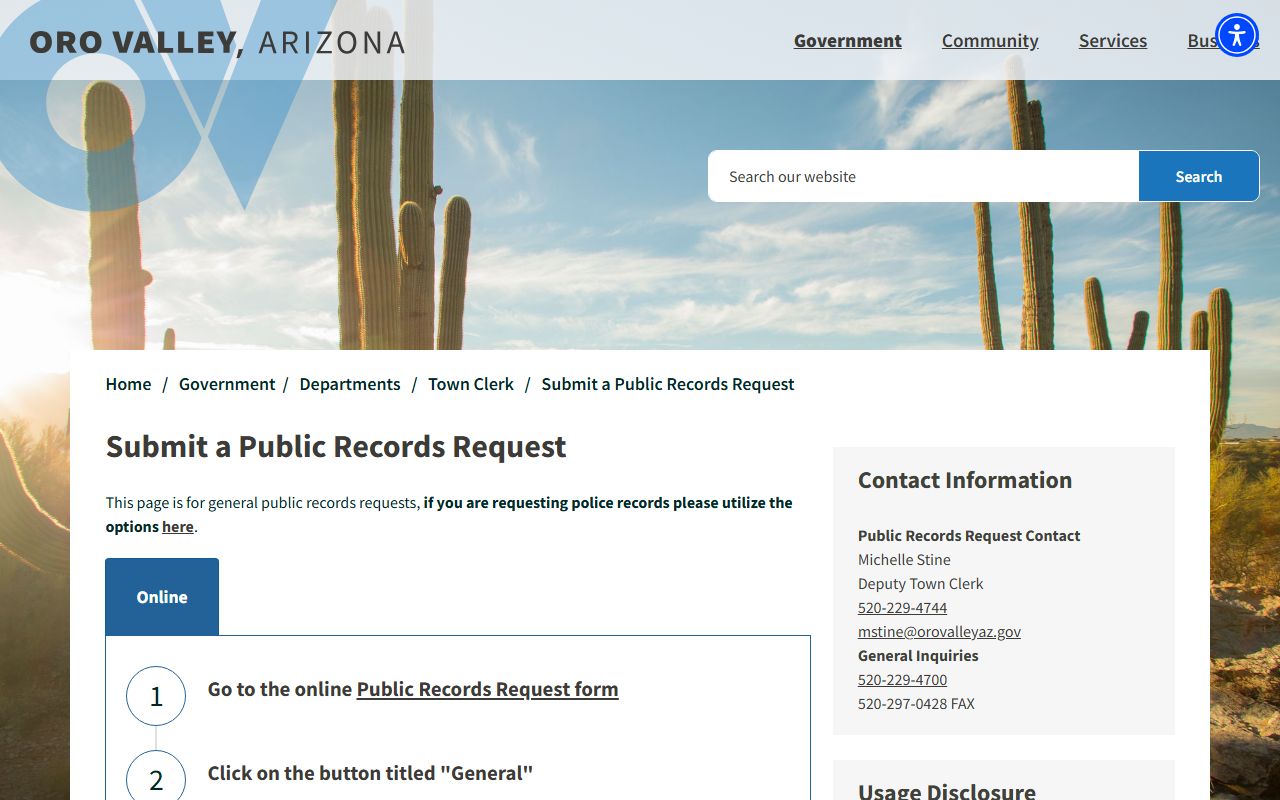 Oro Valley Town Clerk public records request portal for residents directory