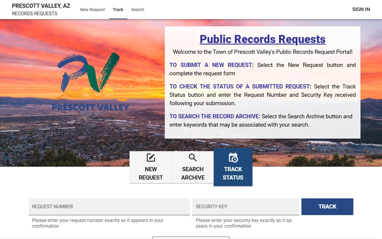 Prescott Valley JustFOIA public records request portal for residents directory searches