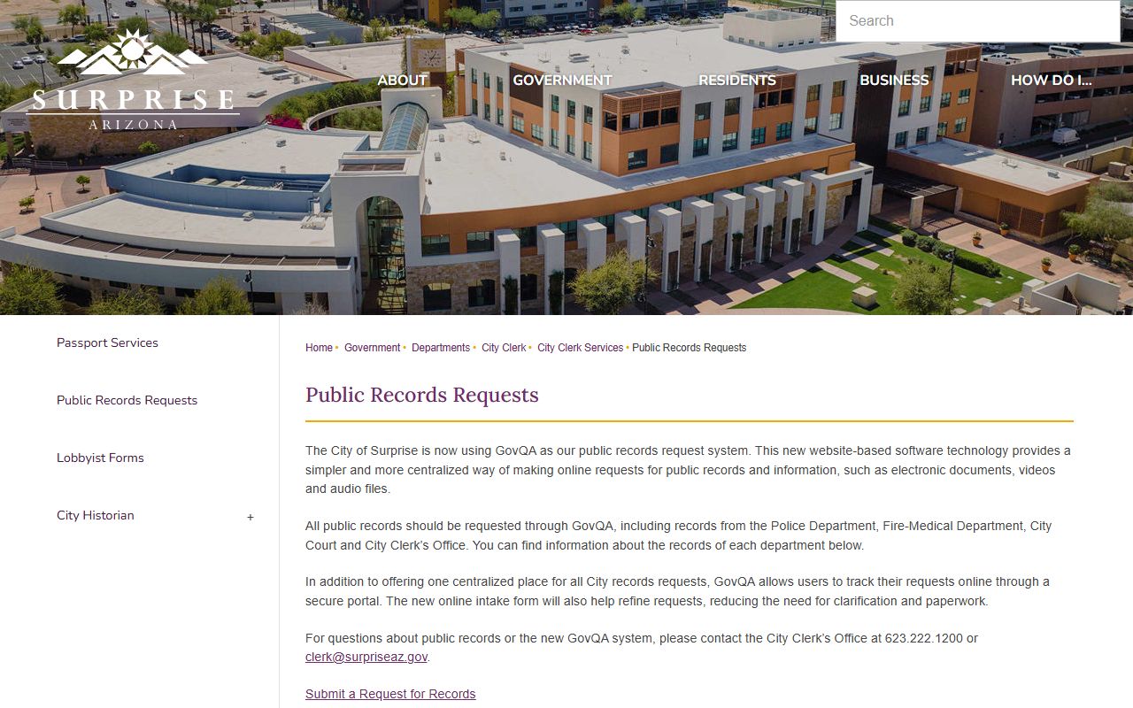 Surprise Arizona public records request portal for residents directory searches