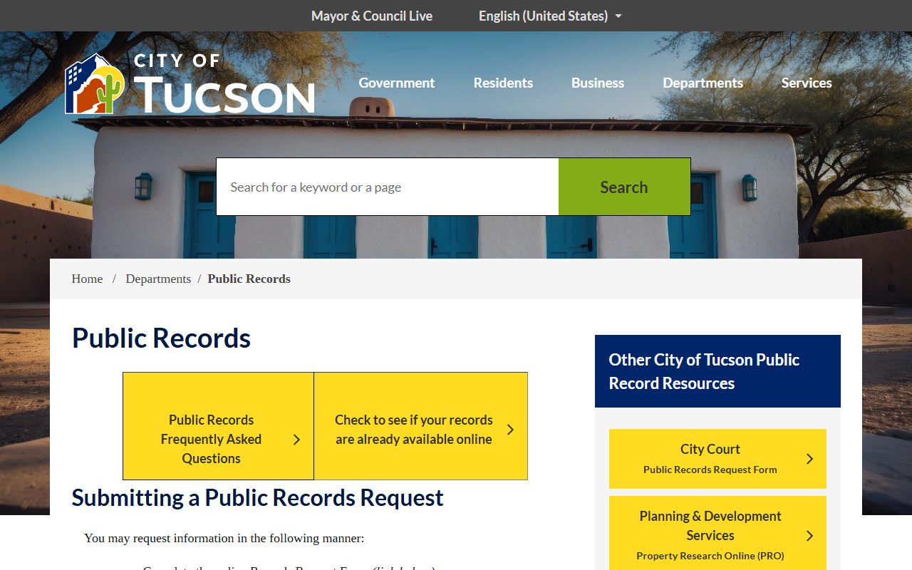 Tucson City Clerk Public Records portal for residents directory searches