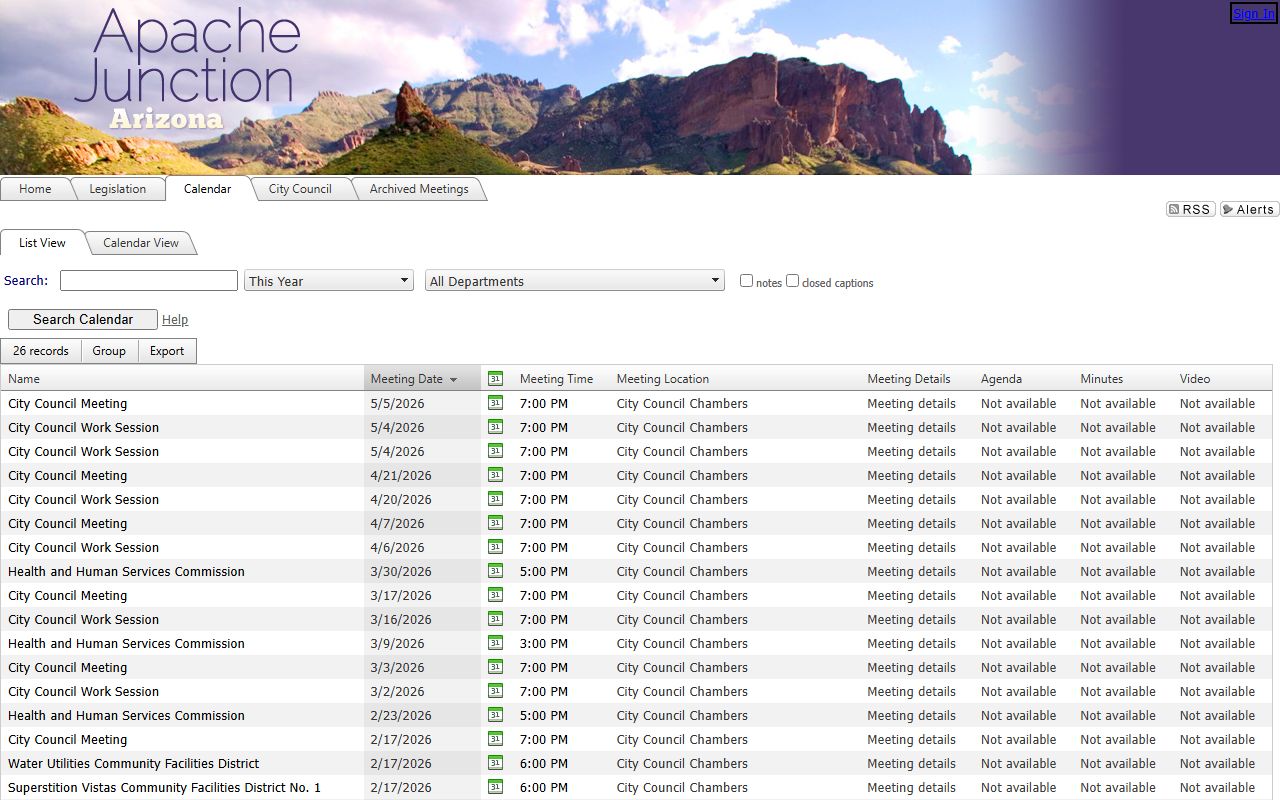 Apache Junction Legistar meeting agendas portal for residents directory searches