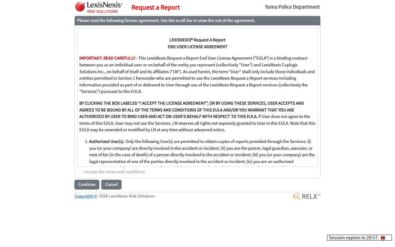 Yuma Police Department LexisNexis records portal for residents directory searches