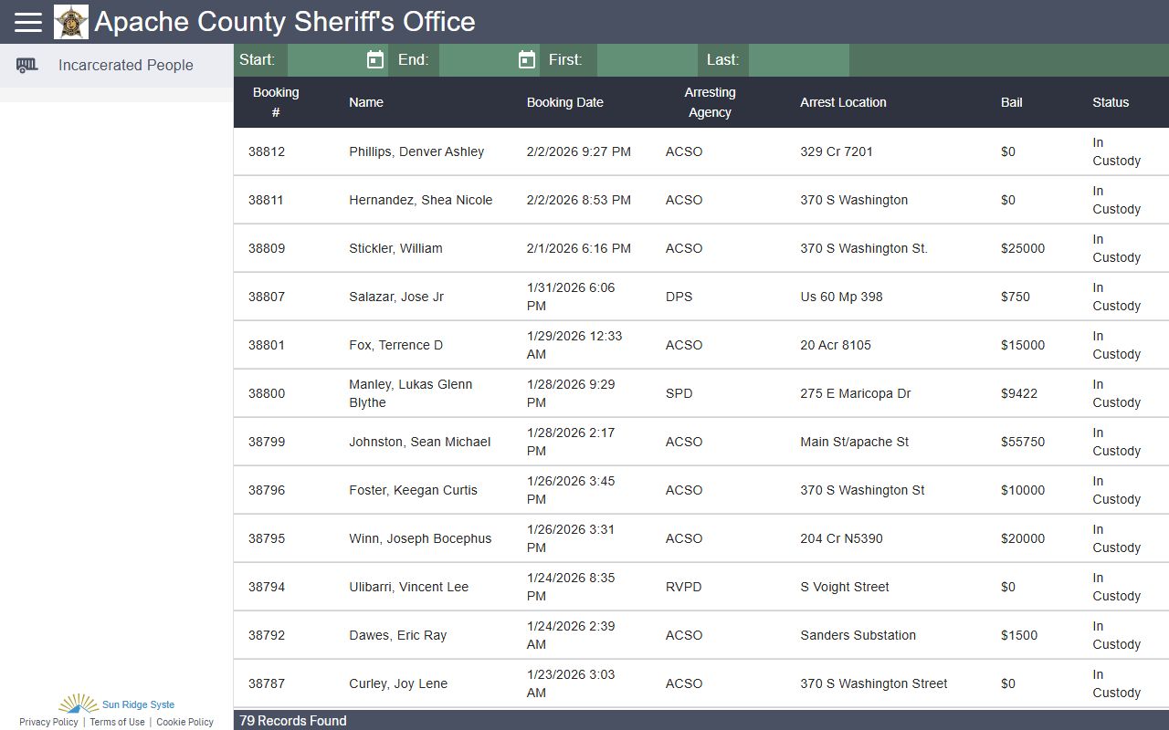 Apache County Sheriff inmate search portal for residents directory