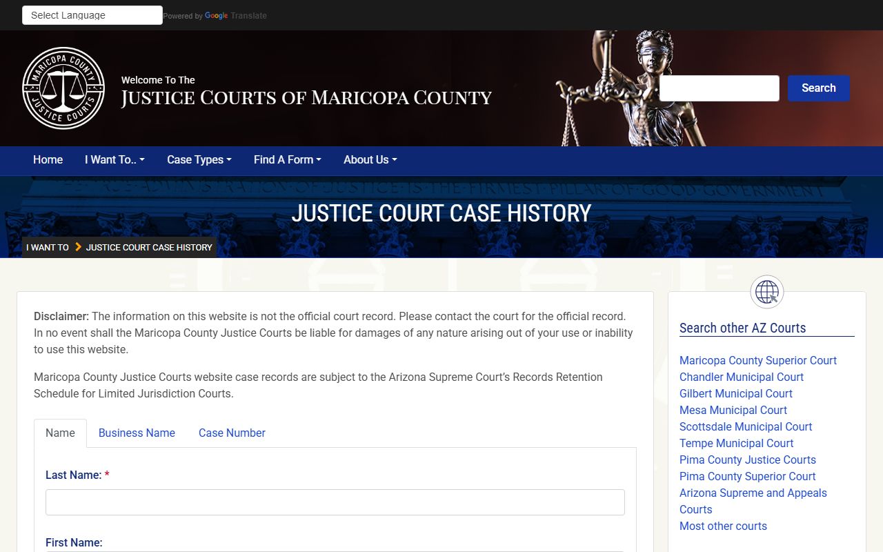 Maricopa County Justice Courts case search for residents directory