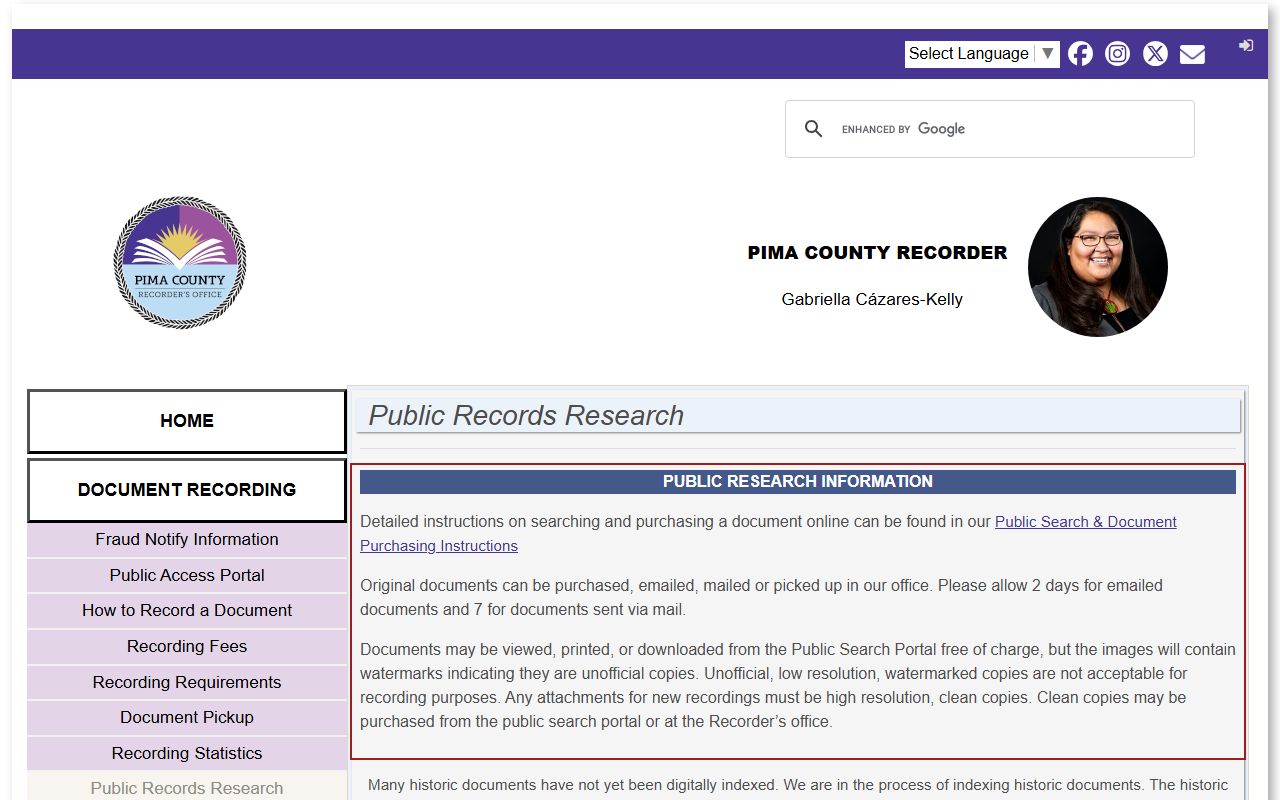 Pima County Recorder Public Records Research Portal for residents directory searches
