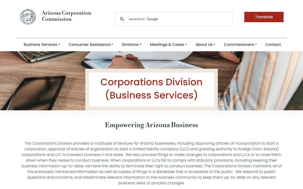 Arizona Corporation Commission business search for residents directory
