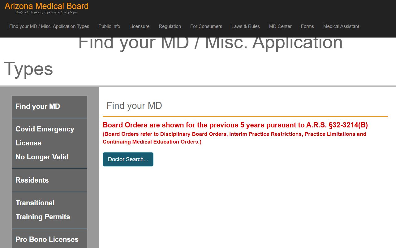 Arizona Medical Board doctor search for residents directory