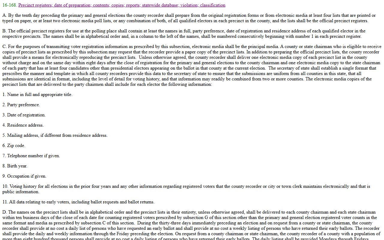 Arizona voter registration database statute for residents directory